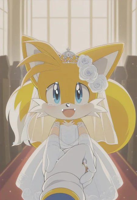 moe, cute,masterpiece, super fine illustration, best quality, light particles, ultra-detailed, 8K wallpaper, pov ,background:church,church altar, indoors,zuppu11,
male,1boy,canid,fox,
sonic the hedgehog \(series\), (Miles Prower),tails \(sonic\), 
yellow fur,white fur,[white chest tuft:0.5],white inner ears,two tails,
 mermaid wedding dress,wedding dress, wedding veil,white dress,wedding ring ,tiara, sfw, blush, 
blue eyes,smile, open smile mouth,tears,happy tears,tears of joy, 
BREAK,
white hand,white gloves,gloves,faceless male,  suit sleeves, holding hand,
