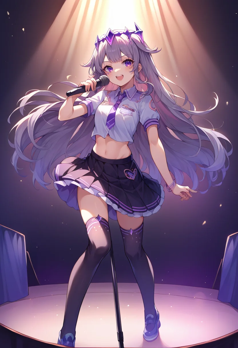 score_9, score_8_up, source_anime, 1girl, solo, KosekiBijou, long hair, hair flaps, floating headpiece, idol, idol uniform, concert, on stage, midriff, thighhighs, microphone, holding microphone, stage lights, <lora:ChamKosekiBijouPonyXL:1>