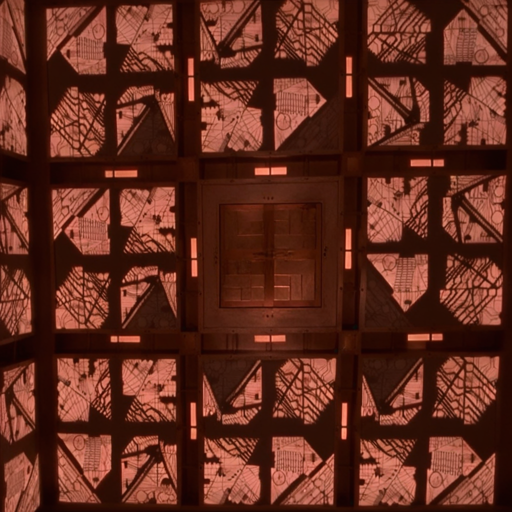 cpollcubemovie, cpollcubeorange, full room, wide view, frontal view, symmetrical layout, abstract squares, glowing walls, confined space, claustrophobic, closed hatch, "A 5x5x5 meter orange room, viewed from a wide-angle perspective. The POV is straight into the room, showing an empty space with no people. The room features identical, symmetrical walls with abstract square patterns. In the center of each wall is a closed, square metal hatch. The orange walls have a glowing effect, creating a confined space and a sense of claustrophobia."