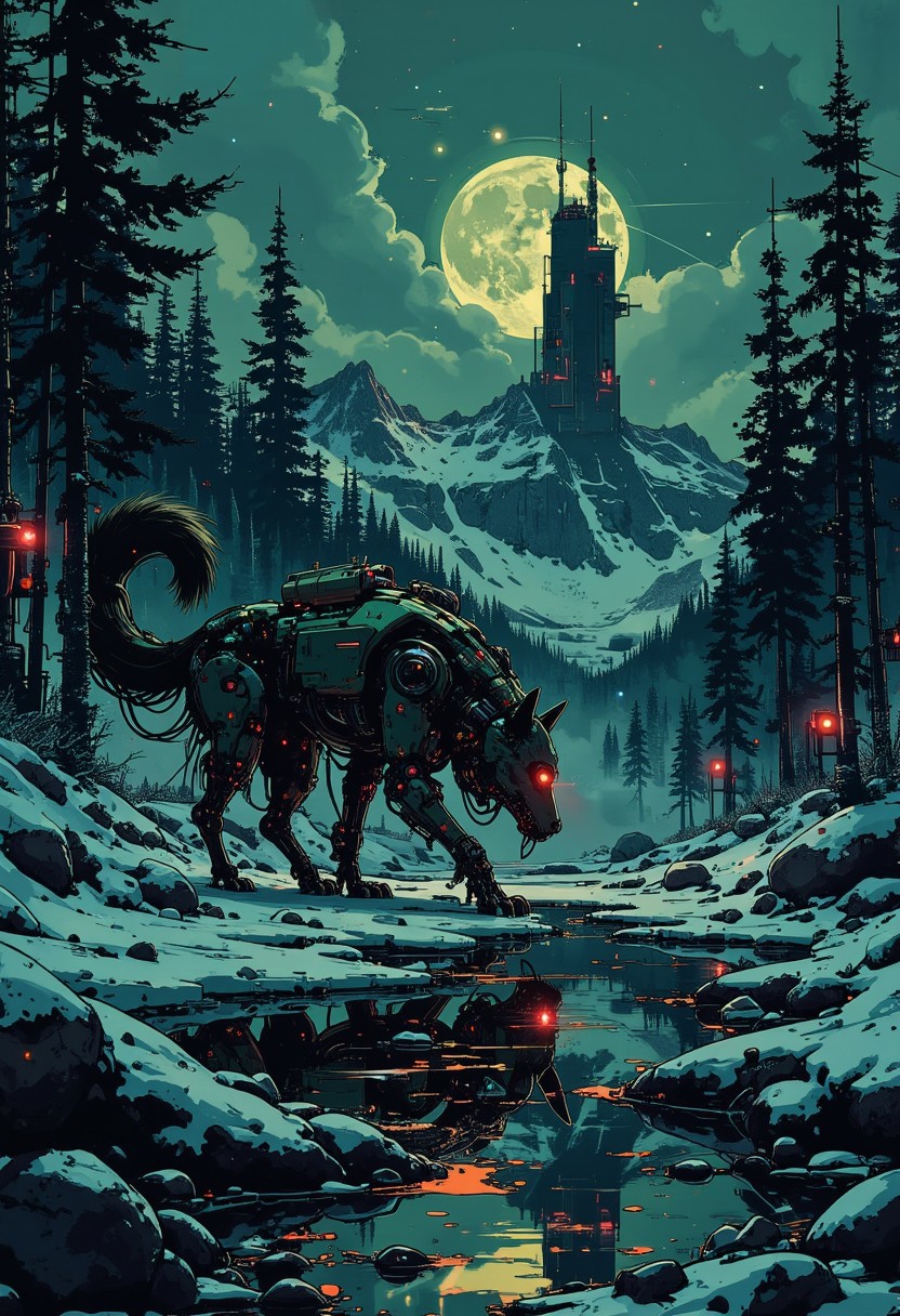 A cyborg wolf prowls silently across the surface of a frozen lake under the stark glow of the full moon, its sleek, metallic limbs gleaming faintly in the dim, icy light. The lake’s surface, a mirror of deep black ice, reflects the wolf’s hybrid form with ghostly clarity, distorted only by faint cracks running through the frozen expanse. The wolf’s glowing red eyes pierce the cold darkness, casting sharp beams onto the ice below. Vapor rises from its heated joints, swirling into the crisp night air, mingling with the delicate flurries of snow that drift lazily from the star-filled sky above.
The sci-fi cityscape in the background is shrouded in shadow, with only sporadic bursts of cold neon lights breaking the gloom—blue and white hues flicker in rhythmic pulses, like the heartbeat of a distant, alien world. Tall, angular skyscrapers rise ominously into the night, their outlines softened by the snowy haze. Frost-covered trees stand sentinel around the lake, their stark silhouettes framing the luminous wolf in an aura of quiet mystery. Above, the stars glitter fiercely in a vast midnight sky, their brilliance contrasting with the mechanical sheen of the wolf’s cybernetic components. The air is heavy with stillness as the wolf halts mid-step, its tail twitching with calculated precision, the lone figure blending seamlessly into this wintry fusion of natural beauty and technological coldness.