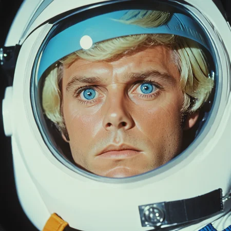 <lora:70sSci-FiMovieSDXL:1> ArsMovieStill, movie still from a 1970s technicolor Sci-Fi movie, The image is a close-up of a man's face inside a space suit. The man appears to be in his late twenties or early thirties with blonde hair and blue eyes. He is looking directly at the camera with a serious expression. The suit is white with a yellow stripe on the left side and a black visor. The background is blurred but it seems to be an astronaut's helmet. The image is taken from a low angle looking up at the man's head and shoulders., realistic, solo, helmet, spacesuit, astronaut, blue eyes, 1boy, male focus, looking at viewer, portrait