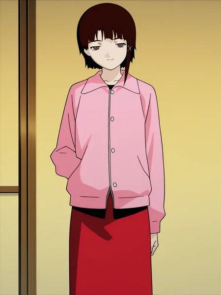 best quality, amazing quality, very aesthetic, absurdres, masterpiece, anime screencap, seductive smile, <lora:Lain_ILXLv0:1> iwakura_lain_\(sel\), pink jacket, red skirt