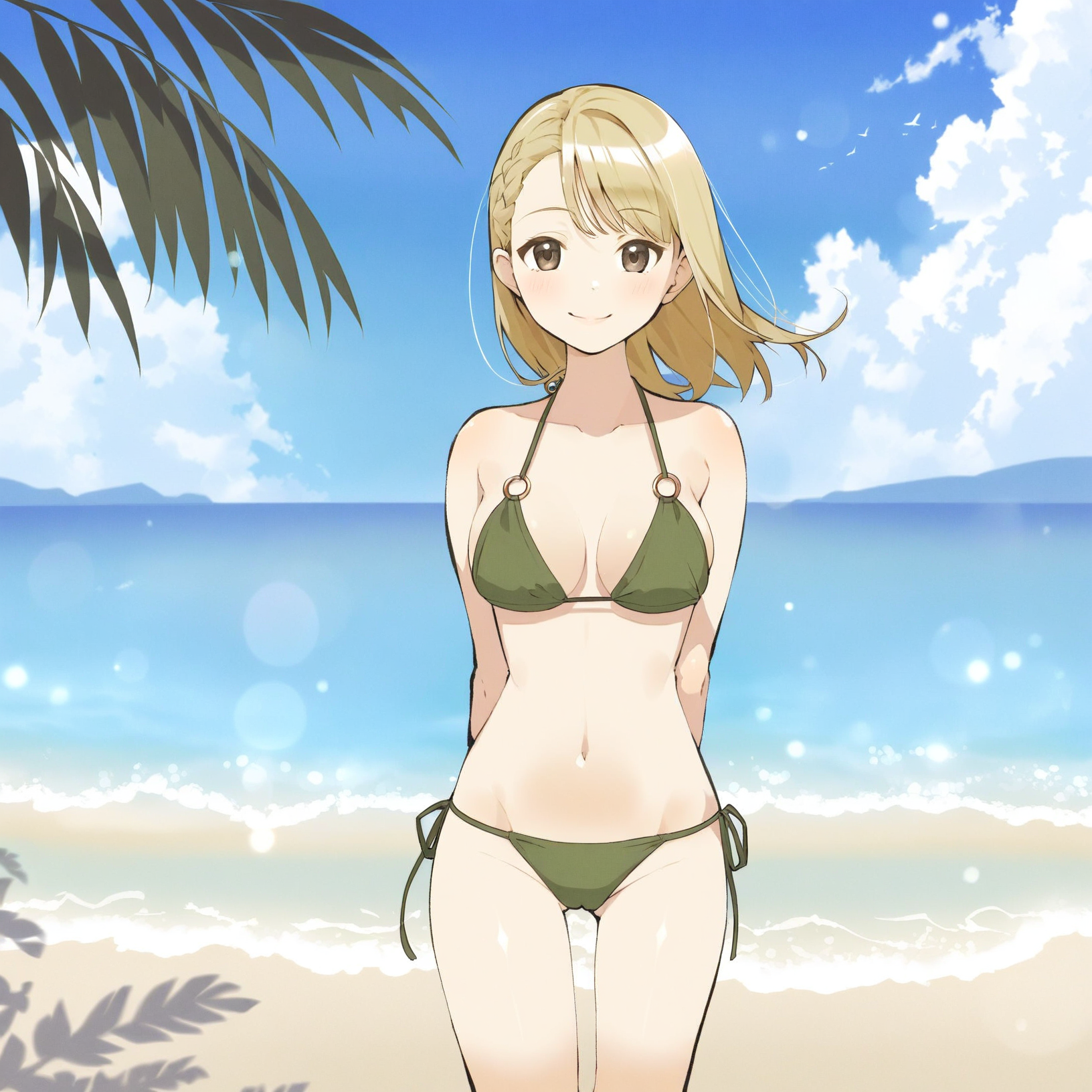 <lora:Atsushi_Ohkubo_Style-000007:1>, by Atsushi Ohkubo, a thin woman, on the beach, ocean background, hands behind back, smile, long blonde hair, in a bikini, (best quality:1.3)