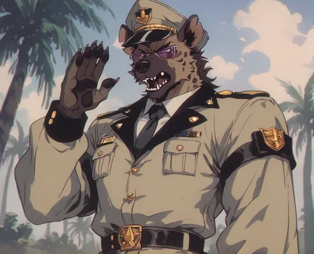 source_furry, furry, hyena, wearing tan military suit, dictator hat, waving, open mouth, dessert, palm trees, security guards hyenas by the sides, wearing sunshades, hot, , sharp edges, serious tone,  <lora:OldAnimeStyle_XL_v3:0.8> Vintage, 1990s \(style\) , wide angle,