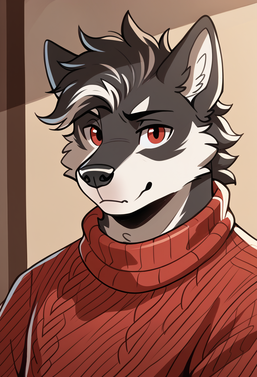 high quality, hires, by braeburned, furry, anthro, 1boy, solo, male, wolf, black fur, sweater, red eyes, <lora:Braeburned_style:1>