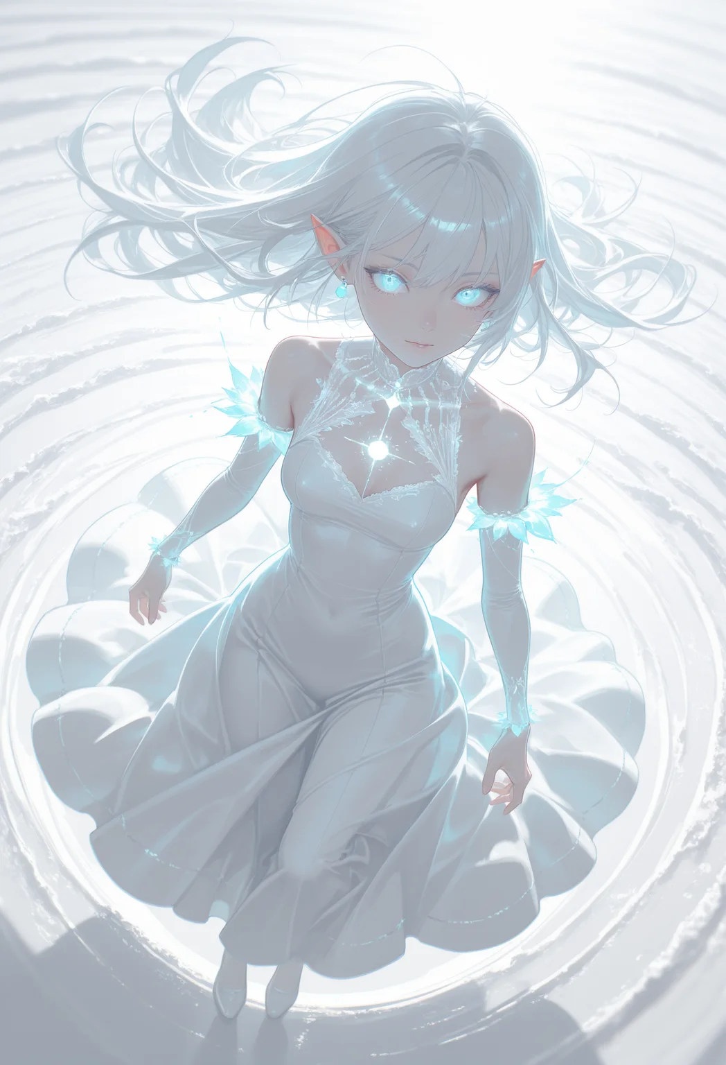 masterpiece, best quality, good quality, very awa, newest, highres, absurdres,, 1girl, solo, dress, bare shoulders, jewelry, full body, earrings, pointy ears, glowing, long dress, chromatic aberration, white theme,limited palette,from above,dutch angle,photo (medium),realistic, 15546+456868, in the style of cknc,monmon2133