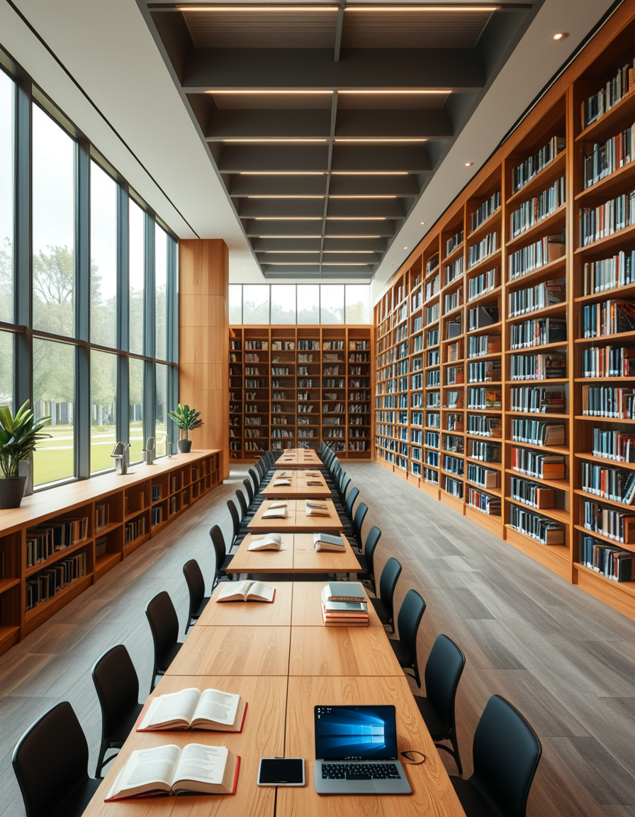 A high-resolution, ultra-realistic photograph of a modern college library interior. The scene showcases a spacious, open-plan design with large floor-to-ceiling windows allowing natural daylight to flood the space. The architectural style is contemporary, featuring minimalist furniture with clean lines: sleek wooden tables, ergonomic chairs in neutral tones (gray and beige), and built-in bookshelves made of light oak wood.
In the foreground, a group of diverse students (varied ethnicities and genders) are quietly studying, some using laptops, others reading books, with focused, calm expressions. One student is sipping coffee from a reusable cup.
The background displays rows of neatly organized books, indoor plants adding a touch of greenery, and modern pendant lights hanging from the ceiling, providing warm, ambient lighting. The floor is covered with soft gray carpet, and large abstract paintings decorate the walls, contributing to a cozy and intellectual atmosphere.
The overall mood is peaceful, studious, and inspiring, with balanced natural and artificial lighting, crisp details, and realistic textures, captured as if by a professional architectural photographer using a full-frame camera.
 <lora:SDXLFaeTastic2400:0.4> <lora:extremely_detailed:0.4> extremely detailed,<lora:modern_c0ll3g3_l1br4ry:1>,modern c0ll3g3 l1br4ry, Masterpiece,best quality,hi res,8k,hi res,8k,award winning,(sharp focus, intricate, highly detailed),