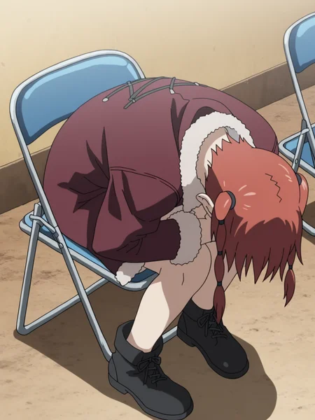 best quality, amazing quality, very aesthetic, absurdres, masterpiece, <lora:Ran_Theoria_ILXLv0:0.9> ran_theoria, coat, anime screencap, <lora:shinji-in-a-chair-ponyxl-lora-nochekaiser:1> shinji in a chair, shinji in a chair (meme), bent back, folding chair, meme, hunched over, depressed, head down, despair, chair,