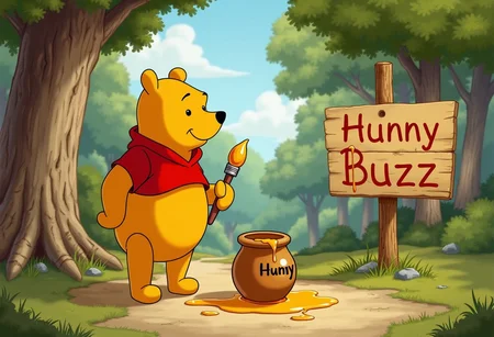The overall style is typical of the classic Disney animation style from the mid-20th century.
An image of Winnie-the-Pooh standing in a peaceful forest clearing, holding a paintbrush dripping with honey. Next to him is a classic honey pot labeled 'Hunny.' Pooh is gazing at a handwritten sign, where the word 'Hunny' is crossed out and replaced with the word 'Buzz' both written in letters that appear to be dripping with honey. Render this scene in the soft, warm, and playful style of a Disney cartoon, with rich, gentle colors and smooth outlines.