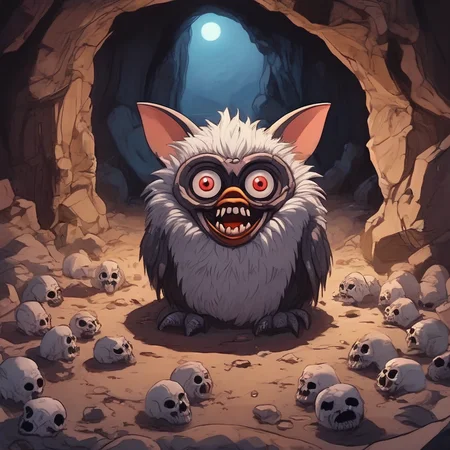 a furby toy in moebius style as a fury as a vampire with large sharp teeth, in a cave, scary, skulls and bones on the ground, good contrast, concept art, high detail, <lora:A Furby Toy-000009:.5>