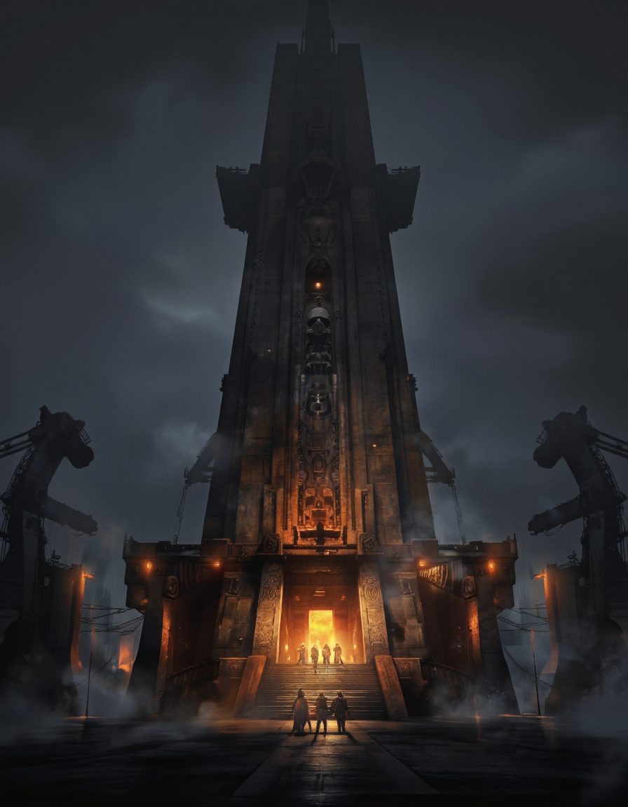 QuantumZ. A dark, foggy industrial scene from a low angle, depicting a dramatic and eerie atmosphere. the scene is set in a post-apocalyptic wasteland, with a large, imposing structure in the center of the image, which appears to be a temple-like structure with intricate carvings and a tall spire, emitting a warm, orange glow. The structure is surrounded by cranes and other industrial structures, and the surrounding area is shrouded in a thick layer of fog, creating a mysterious and foreboding atmosphere. in the foreground, a few silhouetted figures stand in front of the temple, illuminated by the warm glow of the setting sun, casting a soft glow on their faces and bodies. the temple itself stands tall and imposing, with its wooden structure and intricate details standing out against the dark, smoky backdrop. the overall mood is eerie and suspenseful, with the presence of a few people walking towards it, adding to the sense of mystery and anticipation.