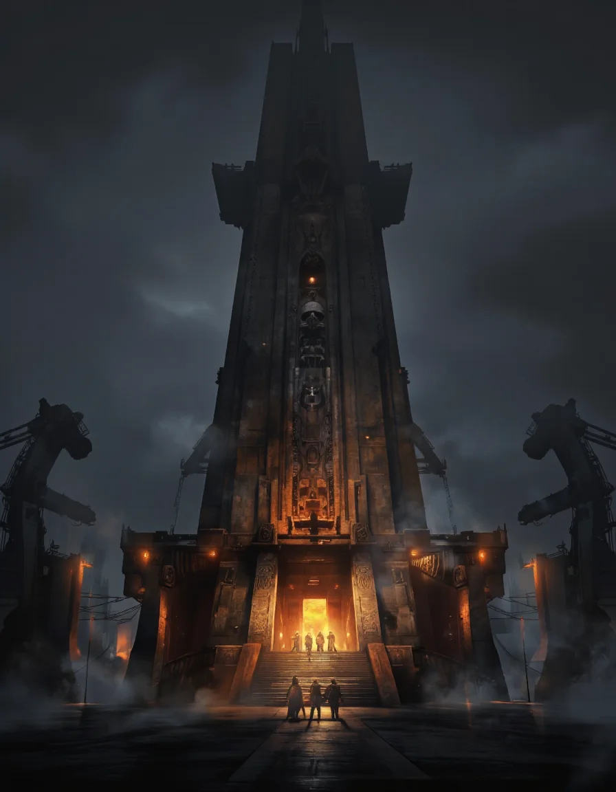 QuantumZ. A dark, foggy industrial scene from a low angle, depicting a dramatic and eerie atmosphere. the scene is set in a post-apocalyptic wasteland, with a large, imposing structure in the center of the image, which appears to be a temple-like structure with intricate carvings and a tall spire, emitting a warm, orange glow. The structure is surrounded by cranes and other industrial structures, and the surrounding area is shrouded in a thick layer of fog, creating a mysterious and foreboding atmosphere. in the foreground, a few silhouetted figures stand in front of the temple, illuminated by the warm glow of the setting sun, casting a soft glow on their faces and bodies. the temple itself stands tall and imposing, with its wooden structure and intricate details standing out against the dark, smoky backdrop. the overall mood is eerie and suspenseful, with the presence of a few people walking towards it, adding to the sense of mystery and anticipation.
