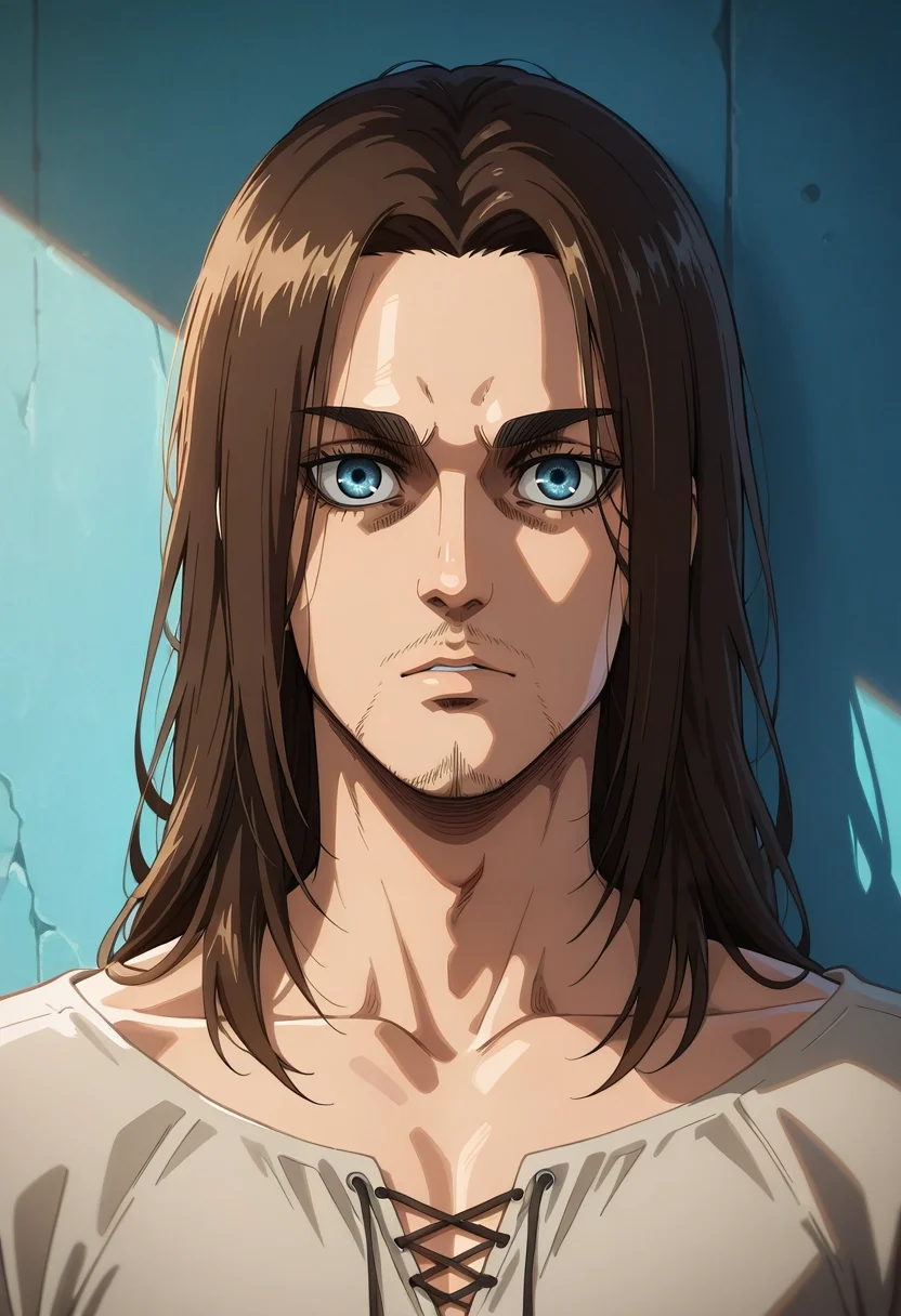 masterpiece, best quality, intricate details, (photorealistic:0.6), looking at viewer, , 1boy, solo, male focus, <lora:eren_yeager_ilxl:0.94>, eren_yeager_s4, brown hair, blue eyes, long hair, facial hair, stubble, ,