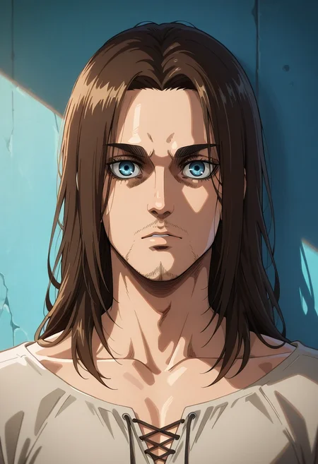 masterpiece, best quality, intricate details, (photorealistic:0.6), looking at viewer, , 1boy, solo, male focus, <lora:eren_yeager_ilxl:0.94>, eren_yeager_s4, brown hair, blue eyes, long hair, facial hair, stubble, ,