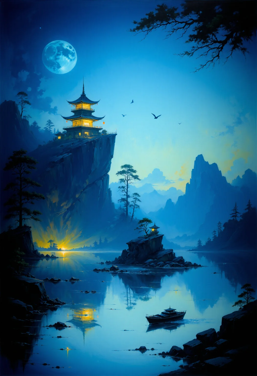 A beautiful expressive painting of a serene, moonlit night scene with a traditional East Asian pagoda perched on a rocky hill. Silhouetted trees and lanterns line a tranquil river, reflecting soft light. A small boat floats in the foreground, with a crescent moon and birds in flight above. The color palette is predominantly cool blues and grays, enhancing the calm and mystical atmosphere. The composition is balanced and aesthetically pleasing, with a slightly low camera angle emphasizing the pagoda's height and the vastness of the night sky.
<lora:articp01_epoch_13:1>