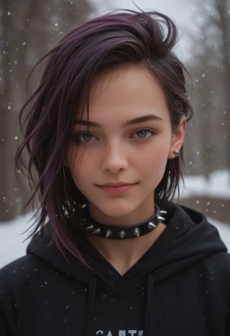 score_9_up, score_8_up, score_7_up, score_6_up, abstract, 1girl, solo, 25 years old, perfect face, close view, (adult), sexy, 
dark purple hair, spiked hair, ear piercing,
spiked collar, 
black hoodie, 
winter, 
blush, shy smile, portrait, face focus, depth of field, looking at viewer,