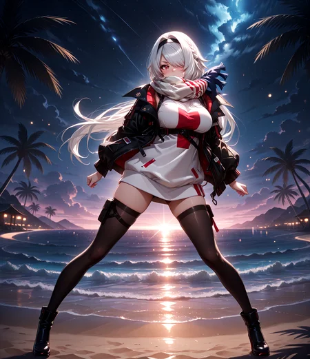 masterpiece, best quality, anime, BREAK 1girl, solo, large breasts, looking at viewer, full body, palm tree,(night:1,6),night sky,dynamic pose,
beach,
<lora:Dramatic Lighting Slider:6> <lora:RealisticAnimeIXL:0.5> bokeh, <lora:Tyber_Colorado_1:1> coltravel,red eyes, grey hair, long hair, hair over one eye, side braid, black hairband,large breasts, , scarf over mouth, white sweater, black jacket, open jacket, multiple black belt, skirt under sweater, thigh belt, thigh pouch, black thighhigh, black high heel boots,