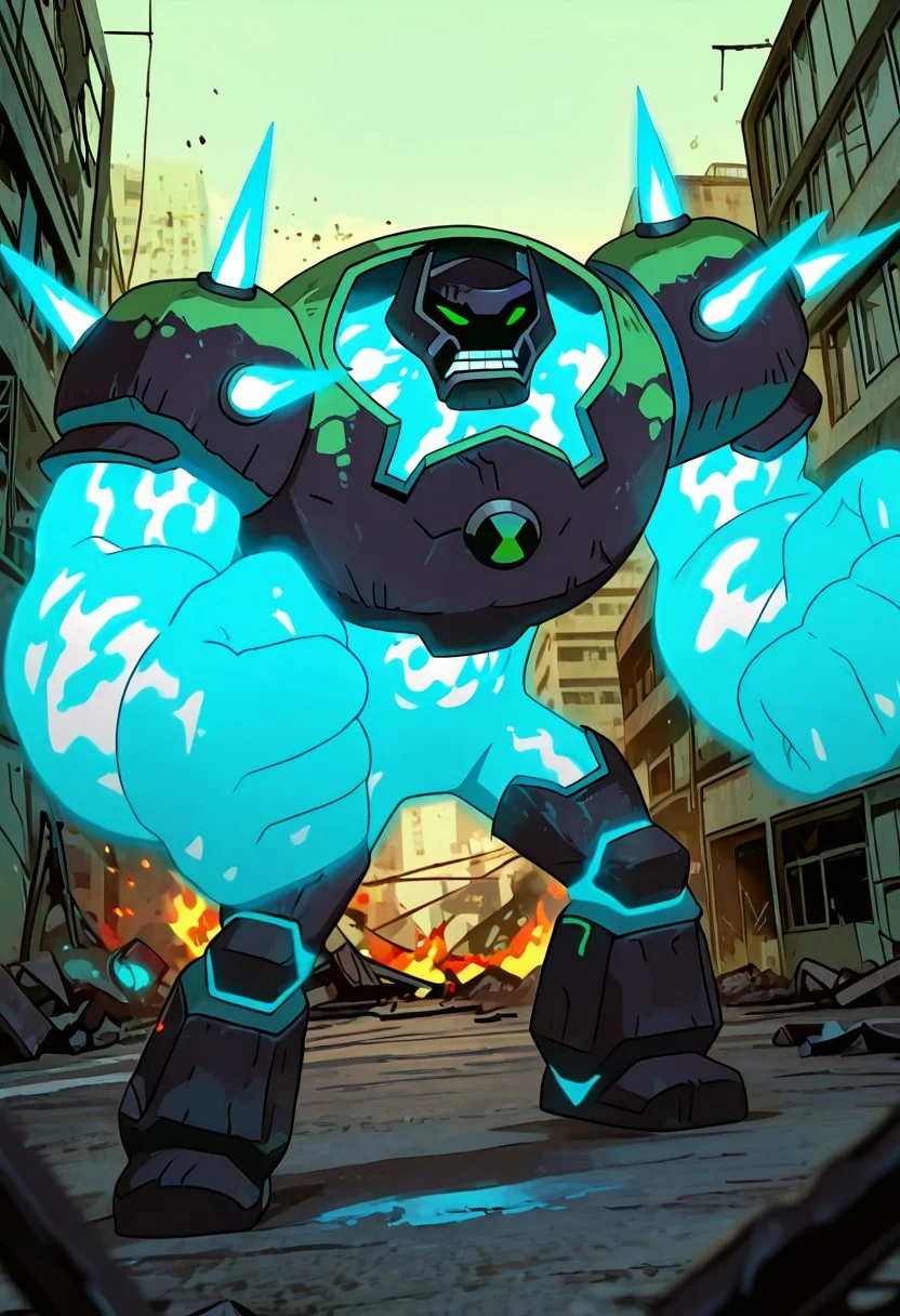 masterpiece, best quality, amazing quality, very aesthetic, absurdres, newest, , detailed background,
movie scene, cinematic scene, cinematic, foreground blur, depth of field,
shckrck, glowing, shoulder spikes, green eyes, helmet, neon trim, blue fire, big arms, massive arms, blue arms, no humans, male focus, short legs,
destroyed city, fire attack, blue fire, angry, rage, teeth,