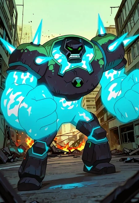 masterpiece, best quality, amazing quality, very aesthetic, absurdres, newest, , detailed background,
movie scene, cinematic scene, cinematic, foreground blur, depth of field,
shckrck, glowing, shoulder spikes, green eyes, helmet, neon trim, blue fire, big arms, massive arms, blue arms, no humans, male focus, short legs,
destroyed city, fire attack, blue fire, angry, rage, teeth,
