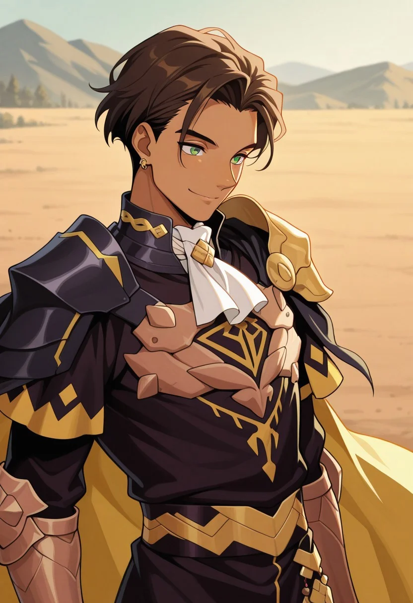 masterpiece,best quality,amazing quality, source_anime,
ClaudeVonRiegan, 1boy, male focus, solo, green eyes, brown hair, short hair, dark-skinned male, jewelry, earrings, ascot, white ascot, shoulder armor, cape, tunic, black and gold tunic, outdoor, smile,