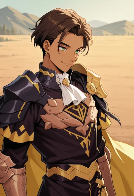 masterpiece,best quality,amazing quality, source_anime,
ClaudeVonRiegan, 1boy, male focus, solo, green eyes, brown hair, short hair, dark-skinned male, jewelry, earrings, ascot, white ascot, shoulder armor, cape, tunic, black and gold tunic, outdoor, smile,