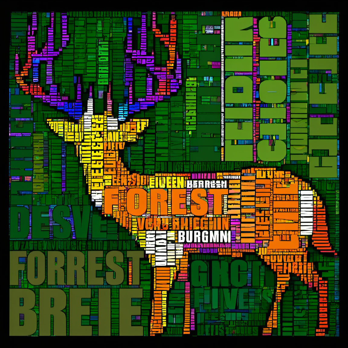 typography_art, deer,forest english text, black background, text focus<lora:Typography_art:1>