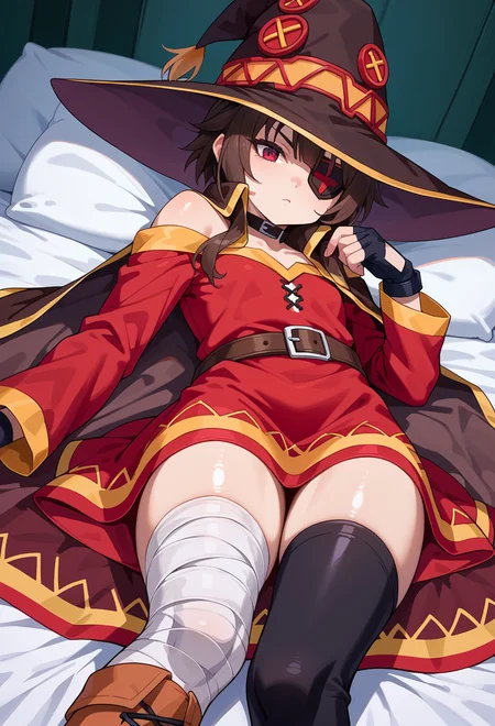 score_9, score_7_up, source_anime, BREAK <lora:AEMegumin-000009:1> AEMegumindef, red eyes, Brown hair, Belt choker, red dress, off-shoulder dress, Black gloves, fingerless gloves, Belt, mismatched legwear, asymmetrical legwear, bandaged leg, black thighhighs, knee boots, hat, red eyepatch, Black cape, expressionless, on stomach,