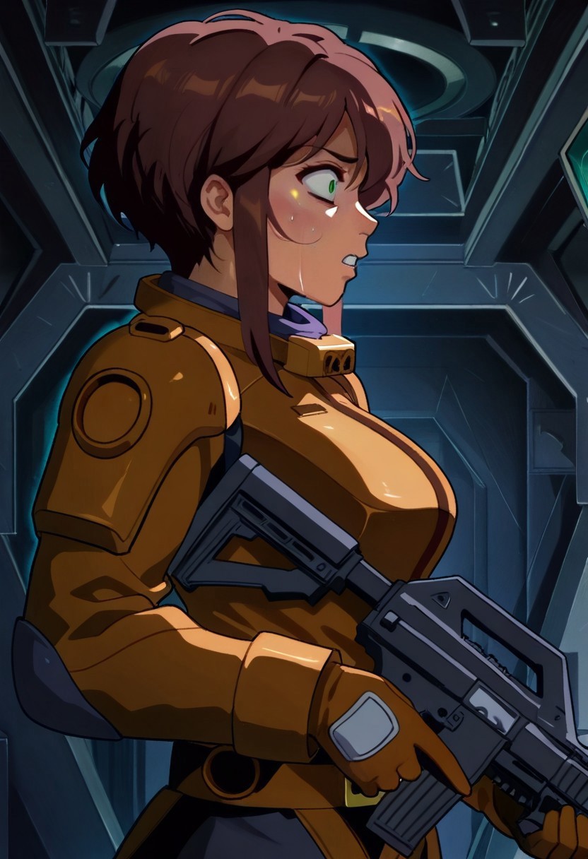 masterpiece, best quality,dark atmosphere, gloomy corridors of space station, very aesthetic
Braek
ot0m, de1, as0, girl, 1girl, green eyes, brown sidelocks hair, sweat on the face, scared, brown hair, from side, holding m41apls rifle