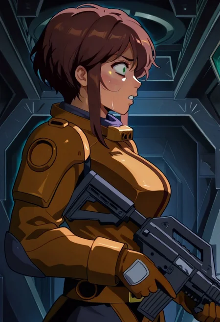 masterpiece, best quality,dark atmosphere, gloomy corridors of space station, very aesthetic
Braek
ot0m, de1, as0, girl, 1girl, green eyes, brown sidelocks hair, sweat on the face, scared, brown hair, from side, holding m41apls rifle