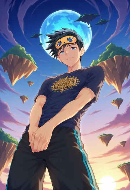 masterpiece, best quality, intricate details, (realistic:0.6), looking at viewer, , 1boy, solo, male focus, <lora:natsumi_hamasaki_ilxl:0.94>, natsumi_hamasaki, black hair, blue eyes, short hair, , from below, floating island, midnight, v arms, light smile, Batik NavyBlue Athletic sweatpants, Western shirt, , , Sleep mask and