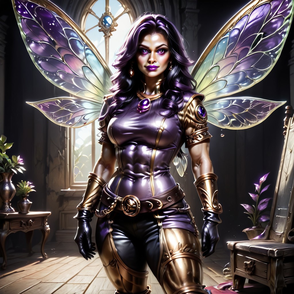 Action scene, Photo realistic, hyper realistic, score_9, rating_safe, solo (arch fey woman, (beautiful detailed face), (violet eyes), (bronze metallic gold skin ral-polishedsteel), (pirate, white blouse, black pants, gloves), (fairy wings), (long black hair), (thick thighs | large muscles), (sword belt)), standing next to a throne, in a detailed throne room, hi res, hi quality, 4k, realism