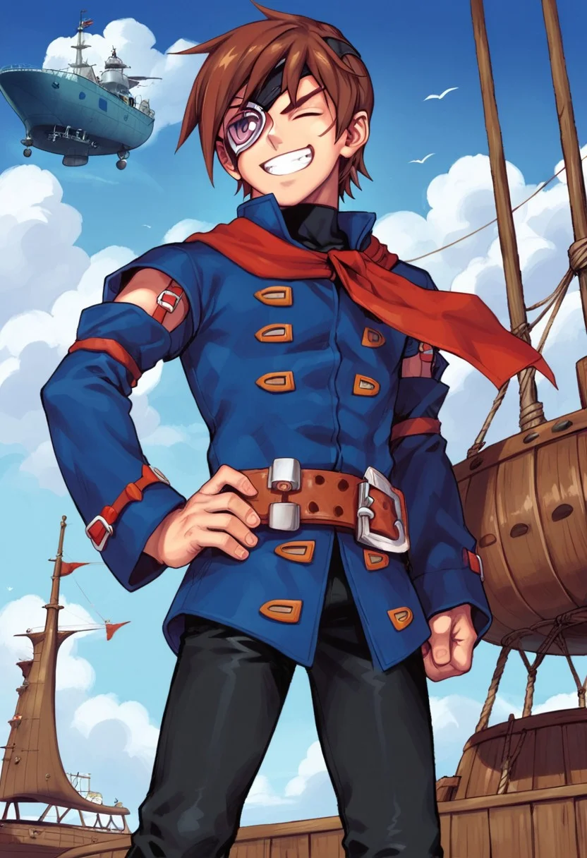 score_7_up, score_8_up, score_9_up, BREAK, vyse, brown hair, short hair, scar on face, closed eyes, eyepatch, facing viewer, grin, red neckerchief, blue tunic, detached sleeves, belt, black pants, male focus, solo, hand on hip, thumbs up, blue sky, cloud, airship