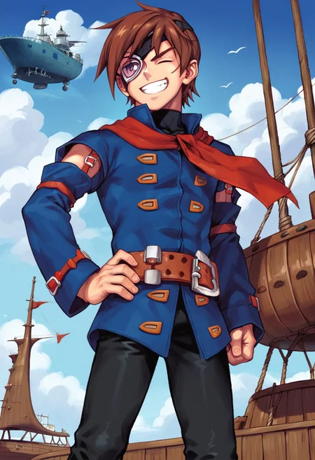 score_7_up, score_8_up, score_9_up, BREAK, vyse, brown hair, short hair, scar on face, closed eyes, eyepatch, facing viewer, grin, red neckerchief, blue tunic, detached sleeves, belt, black pants, male focus, solo, hand on hip, thumbs up, blue sky, cloud, airship