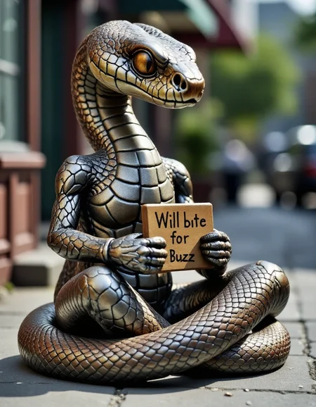 The realistic metallic snake somehow grew arms and began to beg for Buzz to feed his gambling habit. He sits on the concrete sidewalk, his intricately detailed coh24 scales neglected and rusting, holding a sign that with the text "Will bite for Buzz" <lora:flux-metallic-snake:1>