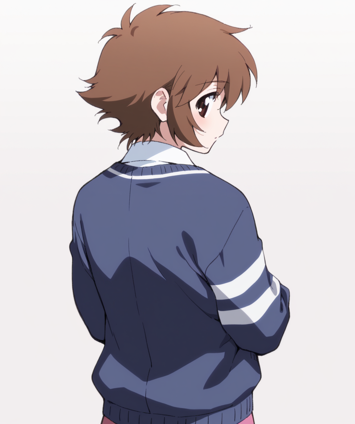 masterpiece, best quality, amazing quality, very aesthetic, ultra detail, clear line, solo, <lora:aiko_marie _harmony:0.8>, aiko, brown eyes, short hair, brown hair, school uniform, blue cardigan, white shirt, pink skirt, upper body, from behind, looking back, simple background, <lora:LECO_BadHands:1.2>, <lora:LECO_GoodHands:-1.2>, <lora:cfg_scale_boost:0.7>