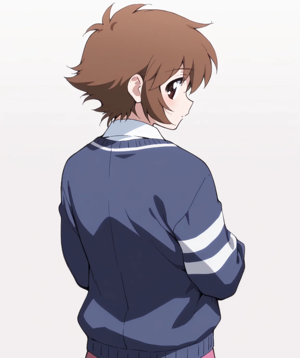 masterpiece, best quality, amazing quality, very aesthetic, ultra detail, clear line, solo, <lora:aiko_marie _harmony:0.8>, aiko, brown eyes, short hair, brown hair, school uniform, blue cardigan, white shirt, pink skirt, upper body, from behind, looking back, simple background, <lora:LECO_BadHands:1.2>, <lora:LECO_GoodHands:-1.2>, <lora:cfg_scale_boost:0.7>