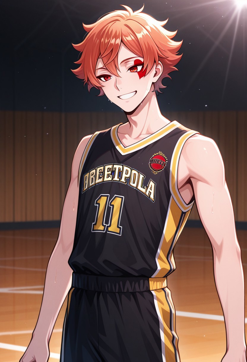 masterpiece,best quality,amazing quality, source_anime, 
acetrappola, 1boy, male focus, solo, red eyes, orange hair, facial tattoo, heart tattoo, basketball uniform, shirt, black shirt, sleeveless, shorts, black shorts, happy,