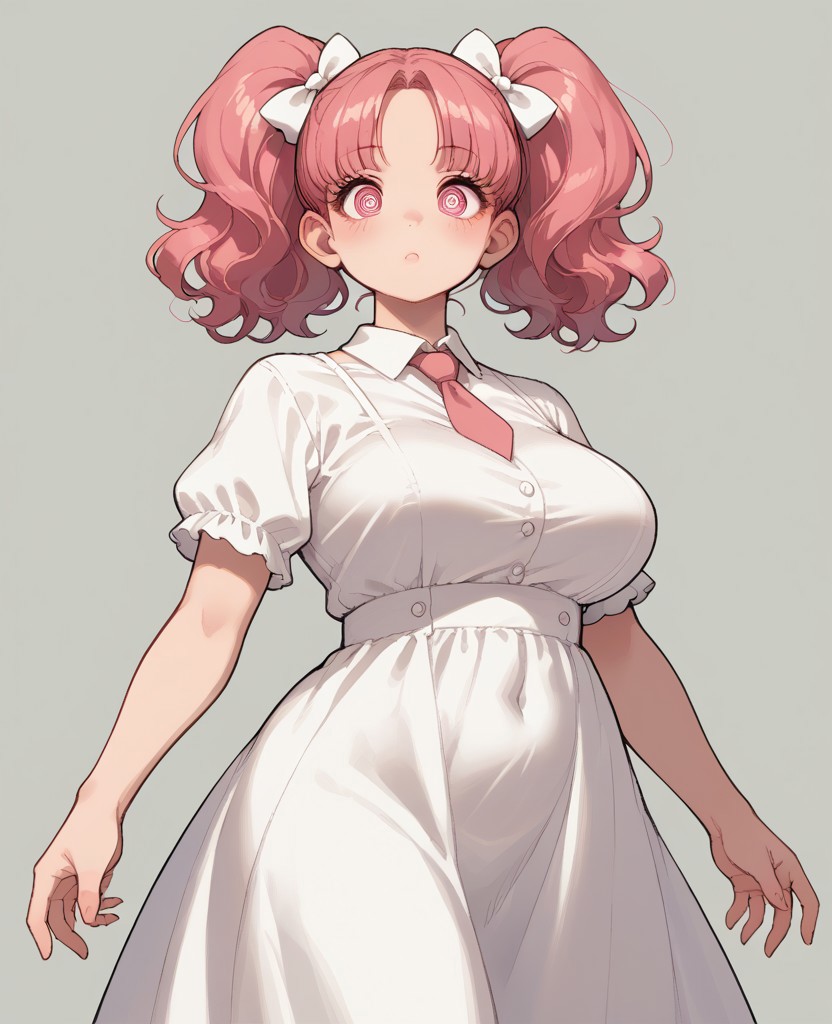 score_9, score_8_up, score_7_up, score_6_up, 1girl, solo, perfect hand, gigantic_breasts ,plump ,wide_hips ,sundress ,short_hair ,pink_hair ,white_eyes ,high_twintails ,wavy_hair ,necktie ,hair_bow ,ass ,thinking ,dynamic_pose