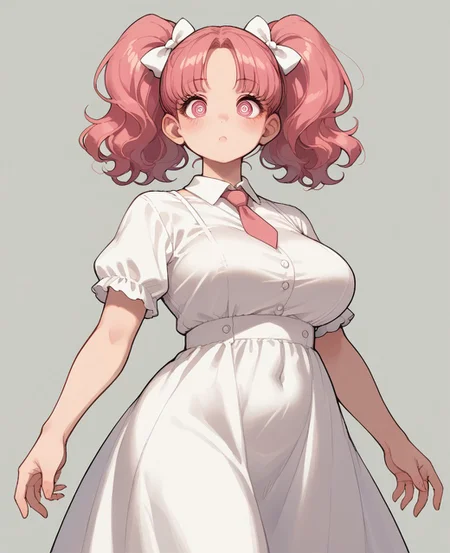 score_9, score_8_up, score_7_up, score_6_up, 1girl, solo, perfect hand, gigantic_breasts ,plump ,wide_hips ,sundress ,short_hair ,pink_hair ,white_eyes ,high_twintails ,wavy_hair ,necktie ,hair_bow ,ass ,thinking ,dynamic_pose