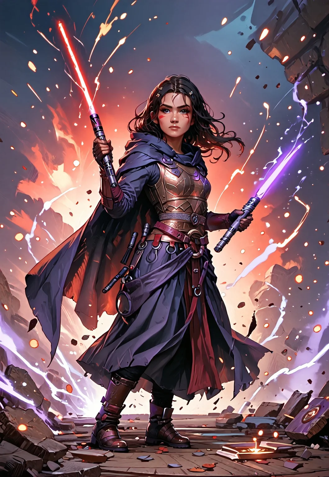 ((zPDXL3)), ((masterpiece,best quality, highly detailed)), ((score_9)), score_8_up, score_7_up, score_6_up, score_5_up, score_4_up, Digital painting style, brushstrokes, ((EnhanceImage)), solo, 1girl, d4rkr3v4n4rm0r, black robe, cape, hood up, mandalorian helmet, breastplate, gauntlets, belt, pants, belt boots, holding lightsaber, dual wielding, purple lightsaber, red lightsaber, Expressiveh, tanned-skin, 30yo, adult lustful confident woman, petite, slender body, perky saggy natural breasts, straps,
chinese magical sorceress, animated, swirling magic, wisps of magic, dancing pose, tight squeezed outfit, magical accessories, evoking motion, conveying motion, dynamic splash art,
<lora:PainterlyFantasiaPDXL:0.6>,