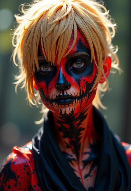 The image features a close-up of a female character with striking features. Her face is painted in a striking black and red color scheme, giving her a fierce and intimidating appearance. Her blonde hair is styled in a messy, tousled look, adding to her fierce demeanor. The background is blurred, drawing focus to the main subject. The art style appears to be digital, with a realistic and detailed depiction of the character. The lighting is natural, with the image being taken outdoors, which enhances the overall mood and atmosphere of the scene. The theme of the image is likely related to Halloween or a similar spooky theme, as the character's makeup and hairstyle are reminiscent of a skull or a demon.