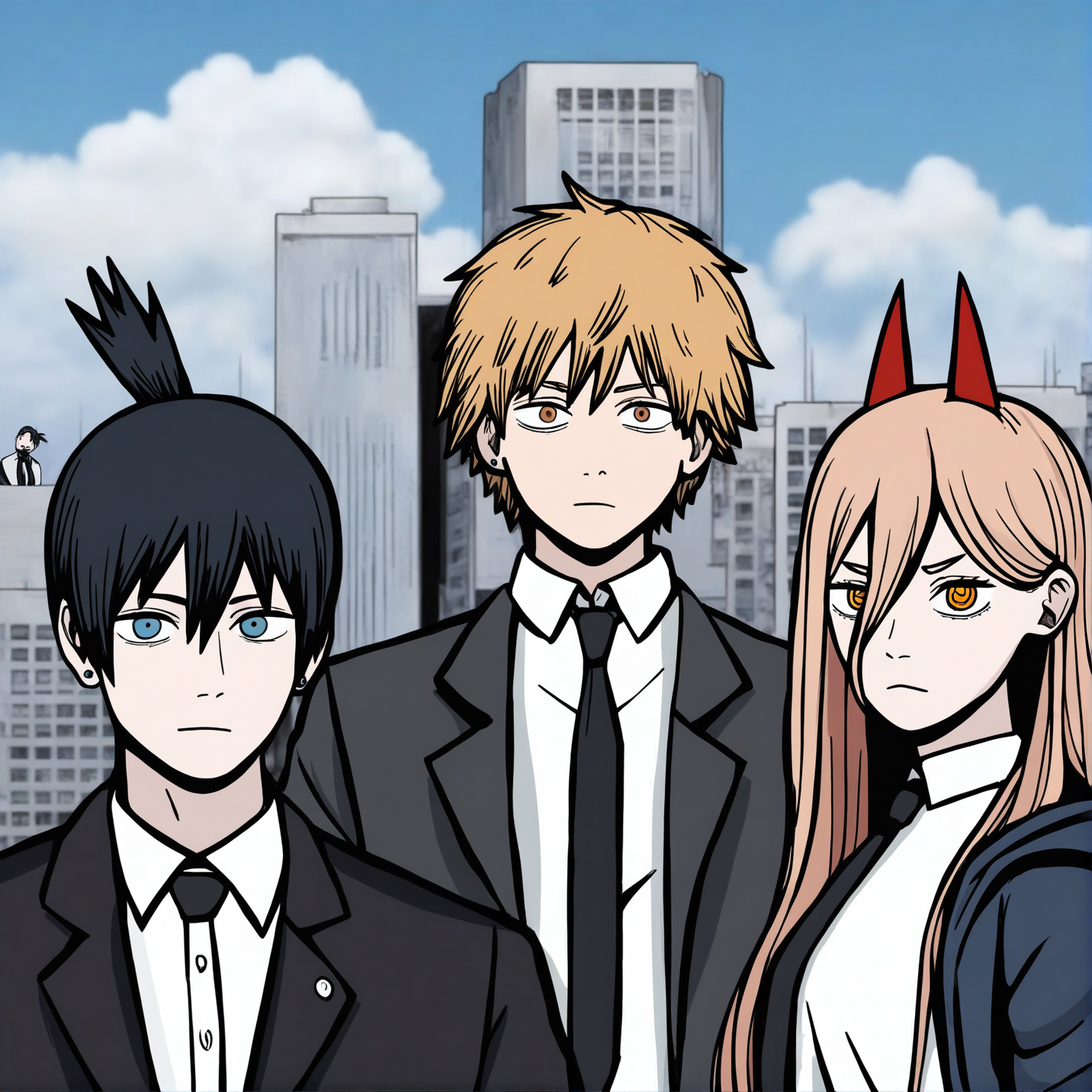 hayakawa aki,power \(chainsaw man\),1girl,topknot,denji \(chainsaw man\),black necktie,2boys,necktie,blonde hair,black hair,red horns,horns,suit,collared shirt,formal,shirt,short hair,white shirt,jacket,hair between eyes,long hair,suit jacket,looking at viewer,black jacket,blue eyes,yellow eyes,motor vehicle,outdoors,sky,earrings,jewelry,building,demon horns,brown eyes,city,black suit,orange eyes,cloud,stud earrings,
<lora:RUSTYLAKE-noob10-v1-000045>,masterpiece,best quality,amazing quality,very aesthetic,highres,absurdres,