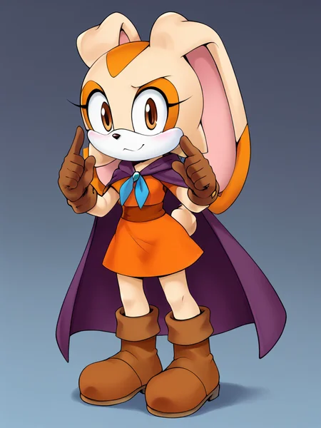 score_9, score_8_up, score_7_up, <lora:Cream_the_Rabbit_Pony:0.8> cre4mth3r4bb1t, Furry, furry female, animal ears, animal nose, rabbit ears, rabbit girl, tail, brown gloves, multicolored fur, orange dress, mauve cloak, brown boots, trimmed dress, <lora:Bianca_the_bunny_PonyXL:0.5> short dress, hooded cloak, purple dragon egg,
