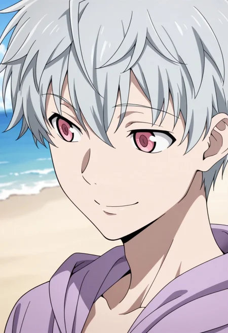 masterpiece,best quality,amazing quality, source_anime,
aruakise, 1boy, male focus, solo, pink eyes, grey hair, purple hoodie, open hoodie, hood, portrait, smile, beach,