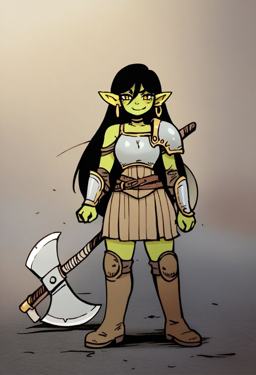 score_9, score_8_up, score_7_up, score_6_up, score_5_up, score_4_up, 
BREAK
1girl, solo, smile, earrings, jewelry, armor, axe, black hair, boots, breastplate, brown footwear, colored skin, female goblin, full body, goblin, green skin, holding, holding axe, huge weapon, knee pads, long hair, pointy ears, single earring, slit pupils, weapon, yellow eyes