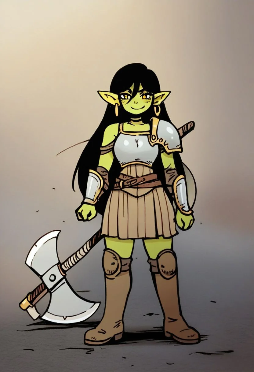 score_9, score_8_up, score_7_up, score_6_up, score_5_up, score_4_up,
BREAK
1girl, solo, smile, earrings, jewelry, armor, axe, black hair, boots, breastplate, brown footwear, colored skin, female goblin, full body, goblin, green skin, holding, holding axe, huge weapon, knee pads, long hair, pointy ears, single earring, slit pupils, weapon, yellow eyes