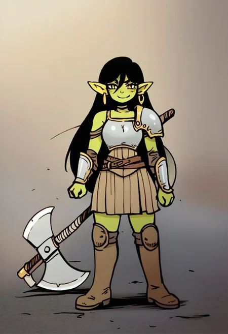 score_9, score_8_up, score_7_up, score_6_up, score_5_up, score_4_up,
BREAK
1girl, solo, smile, earrings, jewelry, armor, axe, black hair, boots, breastplate, brown footwear, colored skin, female goblin, full body, goblin, green skin, holding, holding axe, huge weapon, knee pads, long hair, pointy ears, single earring, slit pupils, weapon, yellow eyes