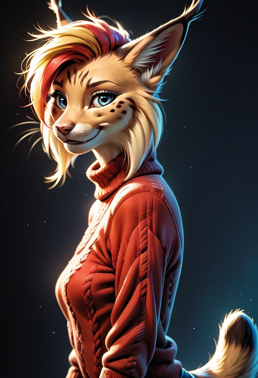 digital_media_(artwork) hi_res, score_9, score_8_up, score_7_up, score_6_up, score_5_up, score_4_up, rating_safe, anthro, furry, female, furry female, detailed textured fur, fur tufts, lynx, slim, slender, small breasts, cute, sweater, denim jeans, multicolor hair, streaked hair, red hair, blue hair, blonde hair, blonde fur, detailed blue eyes, smile, solo, SFW,