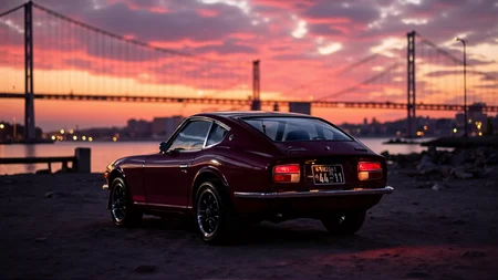 Parked at the center of a majestic suspension bridge as the sun sets behind it, a 1972 Nissan Datsun 240Z Fairlady in deep burgundy red commands attention. The sloping hatchback and ducktail spoiler are silhouetted against the vibrant hues of orange, purple, and pink in the sky. The round tail lights flicker faintly, blending with the city lights starting to glow in the distance. The bridgeâs towering steel cables frame the car, highlighting its aerodynamic curves and vintage allure amidst a serene yet powerful setting
<lora:ral-nssndtsn_000001000:1>