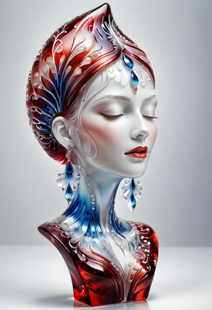 Hand-drawn sketch surreal portrait, split murano_glass_style face, human and abstract fusion. Pale female face, serene expression, closed eyes, pink and blue organic structures, coral and bone texture, dripping elements, crimson tear, delicate earring. Ethereal and haunting atmosphere, dark tones, unsettling details, rough lines, textured pencil strokes, white background.